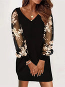 Dresses For Women 2024 Sexy V Neck Mesh Lace Sleeve Loose Dress Spring Autumn Casual Elegant Office Ladies Dress Robe Femme