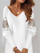 Dresses For Women 2024 Sexy V Neck Mesh Lace Sleeve Loose Dress Spring Autumn Casual Elegant Office Ladies Dress Robe Femme