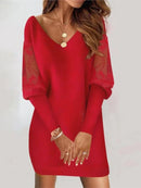 Dresses For Women 2024 Sexy V Neck Mesh Lace Sleeve Loose Dress Spring Autumn Casual Elegant Office Ladies Dress Robe Femme